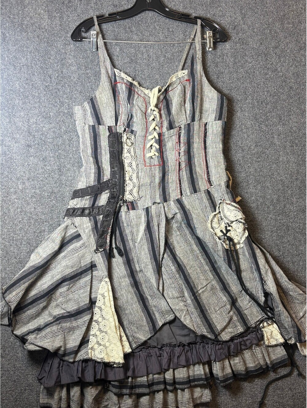 Vintage Striped Cotton Patchwork Lace-Up Corset Dress with Lace Accents -0242